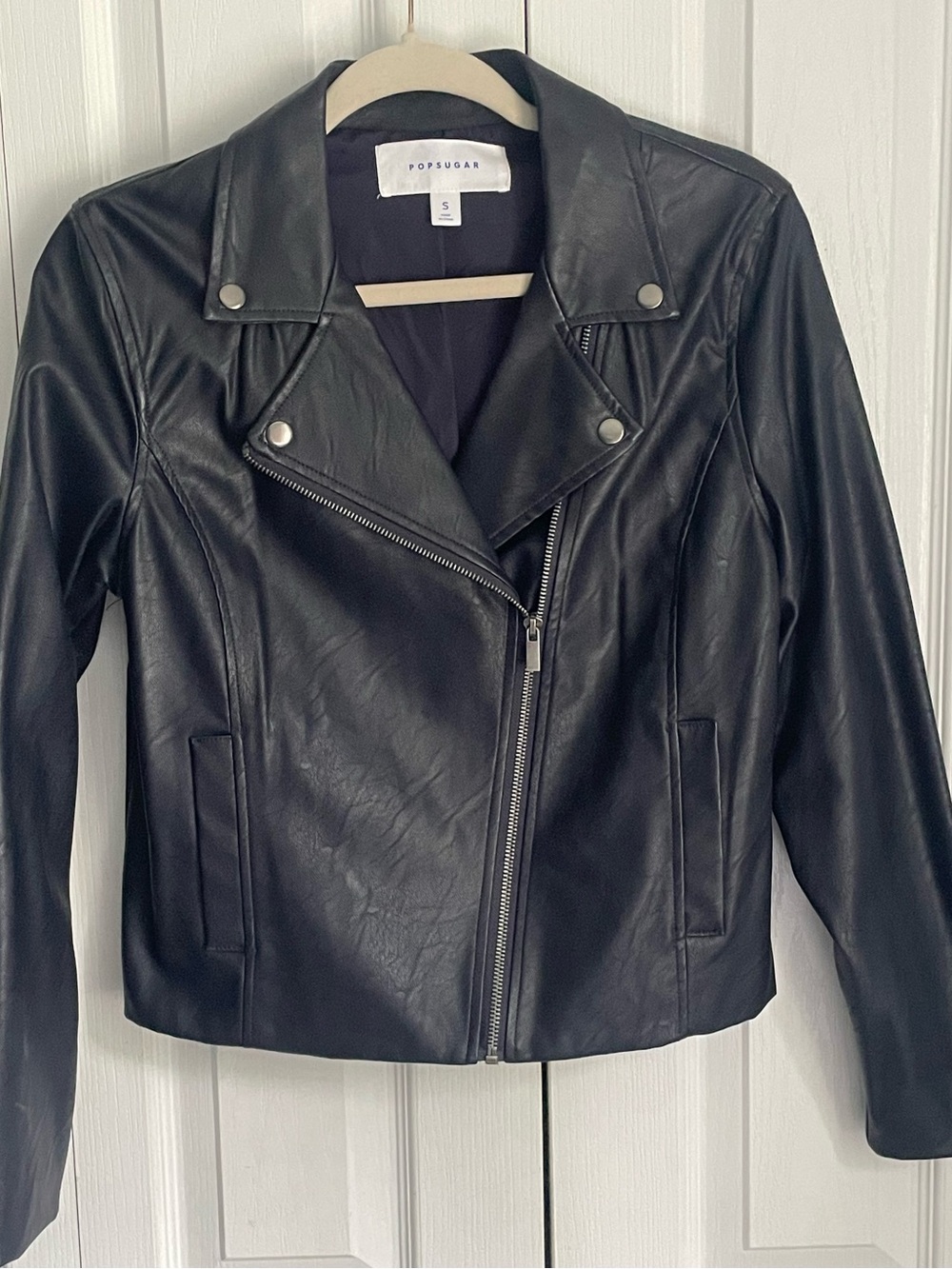 POPSUGAR Navy Faux Leather Crop Moto Jacket 401 Maritime Blue NWOT Size S